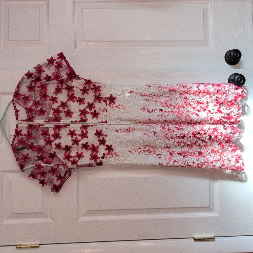 Elie Tahari Red and White Floral Lace Detail Dress NWT - Picture 8 of 10